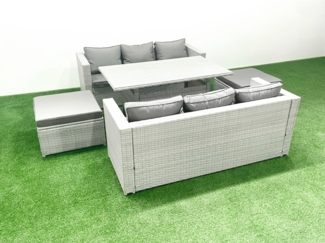 Fimous Rattan Gartenmöbel-Set 8 Sitzer mit Esstisch 2 Großer Hockern Hellgrau gemischt