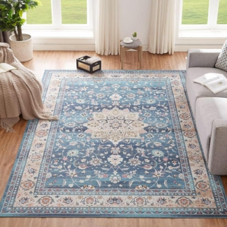 Waschbarer Teppich Vintage Blau 120x170CM Groß Weich Rutschfest