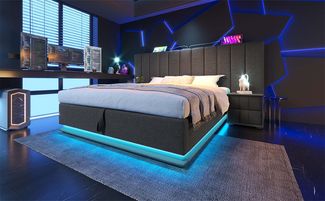 Polsterbett 180×200 cm mit hydraulischem Bettkasten, 360° LED & USB/USB-C, Grau