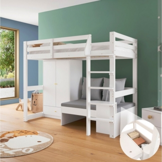 Flieks Hochbett Kinderbett 90x200cm mit Kleiderschrank, Sofa mit Stauraum, drei Kissen