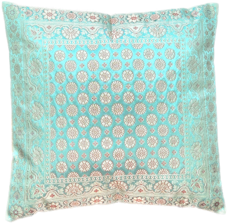 Handgewebter indischer Banarasi Seide Deko-Kissenbezug mit Extravaganten Blumen Muster 40 x 40 cm | 16 x 16 Zoll , Meeresgrün