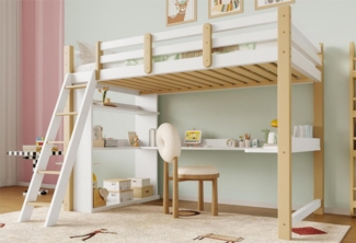 LVHOM Hochbett 90x200cm Komplettbett Kinderbetten mit Tisch, Hochbett (Massivholz, mit integriertem Schreibtisch, Regalen, Schutzleisten, Lattenrost und rutschfester Schrägleiter) Platzsparend, sicher und ideal für kleine Räume
