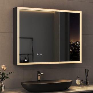 WDWRITTI Badezimmerspiegelschrank LED Spiegelschrank Schwarz Aluminum Badezimmer Schrank (Hängeschrank Badschrank 2-türig, 80x12,5x60cm) Doppelseitiger HD-Spiegel, 3Lichtmodi, Dimmbar, Anti-fog, Memory