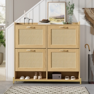 Schuhschrank Rattan in Hell-Eiche, 108,5 x 24 x 100 cm, 4 Türen, Metallgestell