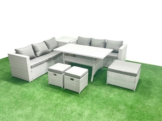 Fimous Rattan Gartenmöbel-Set 9 Sitzer mit Esstisch Beistelltisch 3 Fußhockern Hellgrau gemischt