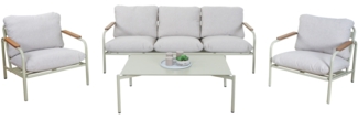 Aluminium-Gartengarnitur HWC-O11, Outdoor 3-Sitzer Sitzbank Sessel Sofa, Olefin (205 g/m²) ~ hellgrün Polster beige