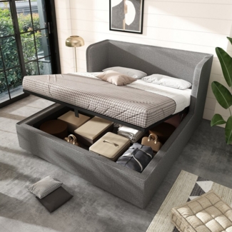 HAUSS SPOLE Polsterbett 180×200 Doppelbett mit Breite Seitenlehn, Leinen, Grau, Ohne Matratze (Struraumbett, Doppelbett, 1-tlg, 180×200cm, ohne Matratze), mit Breite Seitenlehn und Abnehmbarer Bettrahmenbezug