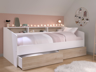 Vente-unique - Bett mit Stauraum - 90 x 190/200 cm- Weiß & Holzfarben - PAULETTE