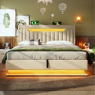 REDOM Polsterbett Bequeme Betten mit Stauraum und LED-Beleuchtung (Struraumbett, Funktionsbett, 160x200 cm, ohne Matratze, Beige), mit USB- und Typ-C-Anschlüssen, LED-Beleuchtung