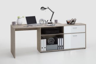 Schreibtisch >DIEGO< in Sandeiche Dekor-hochlanz weiß - 138x75x138cm (BxHxT)