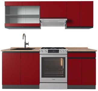 Küchenzeile R-Line Rot/Anthrazit 200 cm J-Shape, AP Eiche Vicco