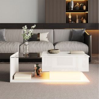 Merax Couchtisch hochglanz Sofatisch höhenverstellbar Beistelltisch mit LED-Beleuchtung (1-St, 100 L x 50 B x 33/47,5 H cm), Wohnzimmertisch mit Glasplatte & verstecktem Stauraum