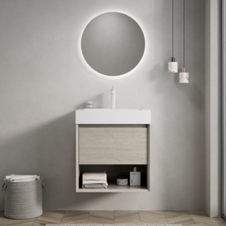 Badezimmer-Waschtisch, Wandmontie mit weißem Rechteckigem Resin-Integralbecken Sperrholz Schrank mit eine Schublade und ein Offenes Regal Vormontiert, Sperrholz/Resin, Eiche Hell Holzmaserung, 55cm