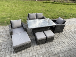 Fimous Gartenmöbel-Set im Freien 7-Sitzer Poly Rattan Sitzgruppe mit Einstellbare Höhe Esstisch 3 Hocker Dunkelgrau Gemischt