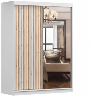 MOEBLO Kleiderschrank LABI (Schiebetür-Kleiderschrank mit Spiegel & Holzdekor, Schwebetürenschrank 2-türig Schrank mit Einlegeböden und Kleiderstange) -(BxHxT): 150 x 200 x 61 cm