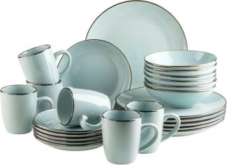 Modernes Geschirr Set fr 6 Personen mit messingfarbenem Rand, 24-teiliges Kombiservice mit randlosen Coupe-Formen; Mint