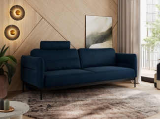 Sofa mit Schlaffunktion, schwarze MetallStoff, mobile Kopfstütze, Schlafsofa mit losen Kissen - SALENTO - Dunkelblau Velours