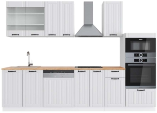 Vicco Küchenzeile Weiß Landhaus/Weiß 300 cm mit Hochschrank, AP Eiche, Fame-Line