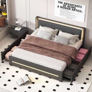 Polsterbett 180x200 mit LED-Beleuchtung, 4 Schubladen & gepolstertem Kopfteil, graues Doppelbett mit Stauraum