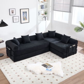 LVHOM Schlafsofa 5-Sitzer, Klappsofa mit Schlaffunktion, Bodensofa mit Seitentaschen, Ecksofa aus CordStoff, frei Kombinierbar, Schwarz