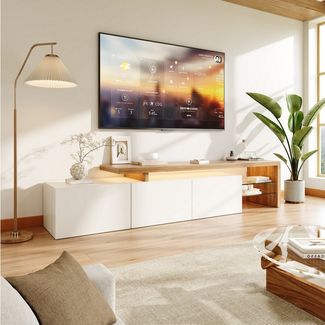 PXloue TV-Schrank Fernsehkommode, Hochglanz TV Schrank, mit 16 Farben LED Beleuchtung mit LED-Beleuchtung, Lowboard mit Glasablagen, Breite 200cm