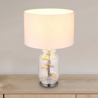 Tischleuchte Wohnzimmer Glas Textil Schirm Tischlampe Weiß Ginkgo Deko Höhe 3. ..