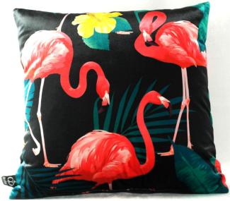 Casa Padrino Luxus Kissen Malibu Flamingos Schwarz / Mehrfarbig 45 x 45 cm - Feinster Samtstoff - Deko Wohnzimmer Kissen