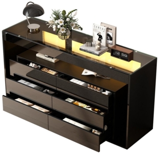Merax Sideboard Hochglanz Kommode mit LED und Glasplatte (140x40x70cm, 1 St), Wohnzimmerschrank Anrichte mit 6 großen Schubladen & offenes Fach