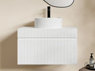 Vente-unique - Waschbeckenunterschrank hängend mit rundem Aufsatzwaschbecken - Streifenoptik - Weiß - 80 cm - SATARA