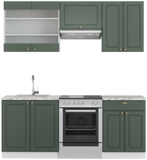 Küchenzeile Fame-Line Grün-Gold Landhaus/Weiß 200 cm , AP Marmor Vicco