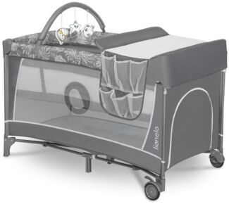 Lionelo Flower Reisebett Baby mit Seiteneingang, Wickeltisch, Zwei Matratzenaufhängungshöhen, Spielzeugbogen mit Spielfiguren, Rollen, Tragetasche