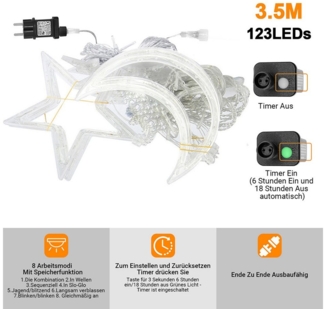 Sunicol Lichterkette Sterne Mond LED Lichtervorhang mit Stecker, 8 Modi, Timer, 3.5M, Speicherfunktion, für Weihnachten Hochzeit Party