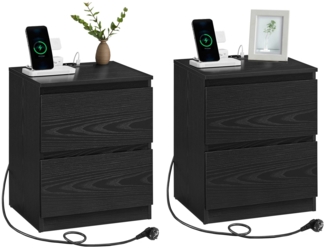 VASAGLE Nachttisch mit Steckdosenleiste, 2er Set, Beistelltisch, 2 Schubladen, 2 AC-Steckdosen, 1 USB-A-Anschlüsse, 1 USB-C-Anschluss, Wohnzimmer Schlafzimmer, modern, ebenholzschwarz LETDE821B02