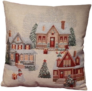 formano Weihnachtskissen 45 cm mit Häuserzeilen-Dekor Gobelin Deko Kissen mit Füllung ohne Reißverschluss - Weihnachten – festliches Sofakissen – Rückseite rot – Winter Dekoration
