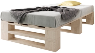 sunnypillow Palettenbett M2 aus Holz 90x200 cm mit Lattenrost Stabiles Seniorenbett Kinderbett Jugendbett Gästebett erhöhtes Einzelbett Bettgestell Futonbett Komforthöhe Naturholz
