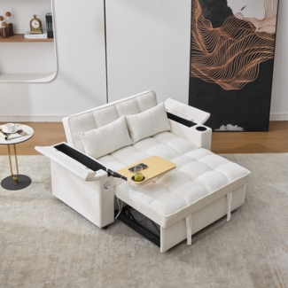 Merax Schlafsofa 3-in-1 Ausziehsofa, mit verstellbarer Rückenlehne, USB-Anschluss, 2-Sitzer sofa Loungesofa Daybed Faltbar Auszug, Ausgestattet mit verstecktem Tisch, Getränkehalter, Beige