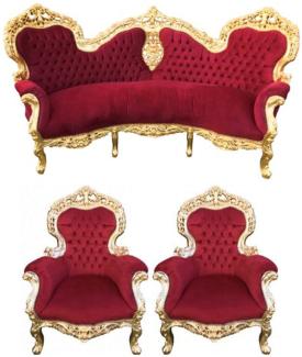 Casa Padrino Barock Sofa Garnitur Bordeaux/Gold + 2 Sessel - Wohnzimmer Barock - Limited Edition