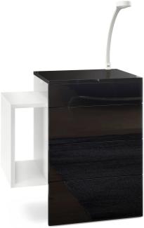 Vladon Nachttisch Queens, Nachttischschrank mit 2 Schubladen und 1 seitlichem Fach zur Wandmontage, Weiß matt/Schwarz Hochglanz, inkl. LED Flexi Lampe weiß (60 x 63 x 36 cm)