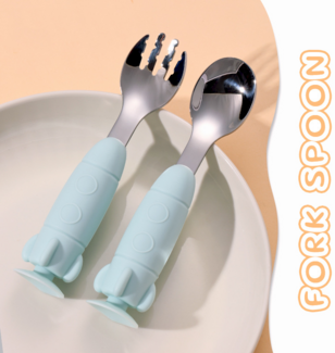 Löffel aus Edelstahl 316L, niedliche raketenförmige Silikongabel und -löffel für Babys, lebensmittelechtes Babygeschirr – gelb