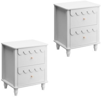 UEV Nachttisch 2er Set, Kinder Nachtschrank, Beistellschrank (Nachtkommode mit 2 Schubladen für Kinderzimmer/Schlafzimmer/Wohnzimmer, 2er Set Sofatisch Beistelltisch), Wellenförmige Design und Goldenen Griffen 50 x 40 x 60 cm