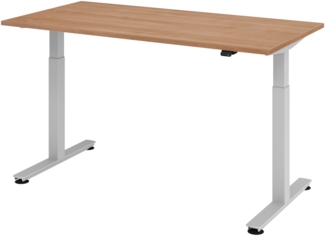 bümö elektrisch höhenverstellbarer Schreibtisch Nussbaum 160x80 cm, Gestell: Silber - Büroschreibtisch höhenverstellbar elektrisch, elektrischer Bürotisch & Gaming Tisch, Stehschreibtisch, XMST-16-N-S