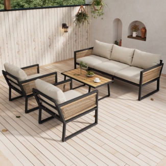 Gartenlounge-Set Outdoor-Möbelset, 5 -tlg. 3er Sofa, 2 Sessel, Hocker und Esstisch, Tischplatte aus Kunststoffholz, Armlehnen aus geflochtenem Seil