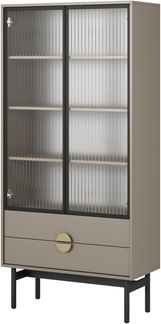 Selsey Vitrine Glas Vitrinenschrank Glasvitrine Wohnzimmer Glastür Hoch 84 cm 2 Schubladen 4 Fächer Beige Cappuccino Stoon