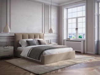 Vente-unique - Bett mit Bettkasten & Kopfteil mit vertikalen Ziernähten - 140 x 190 cm - Stoff - Taupe - KILACLO