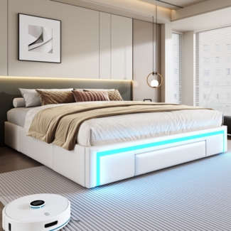 Kunstleder Bettgestell 180x200 cm mit Stauraum & LED, Metallrahmen, kopfteilfrei, modern, beige,robust