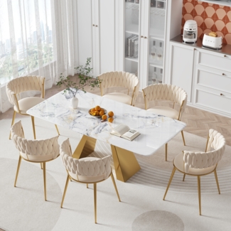 Esszimmerstuhl Samtstoff 2-teiliges Set, mit ergonomischer Rückenlehne, Hohlbünst-Design, gepolstert, Metallbeine goldfarben