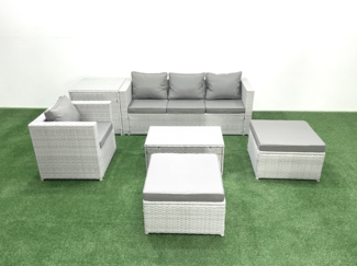 Fimous 6 Stücke Rattan Gartenmöbel Set Garten Sofa Stuhl Couchtisch Set mit Beistelltisch 2 hohen Hockern Hellgrau gemischt
