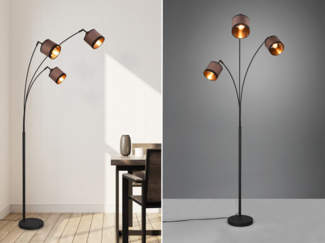 Große LED Stehleuchte 3-flammig mit Stoffschirmen in Taupe/Gold, Höhe 185cm