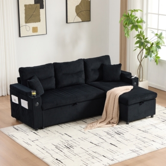 Flieks 3-Sitzer Schlafsofa aus Leinen, mit Chaiselongues, Stauraum, Seitentasche, Getränkehaltern und USB-Anschlüssen, Schwarz