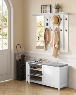 Schuhbank Wandgarderobe Set, Garderobe mit Spiegel, 10 Doppelhaken